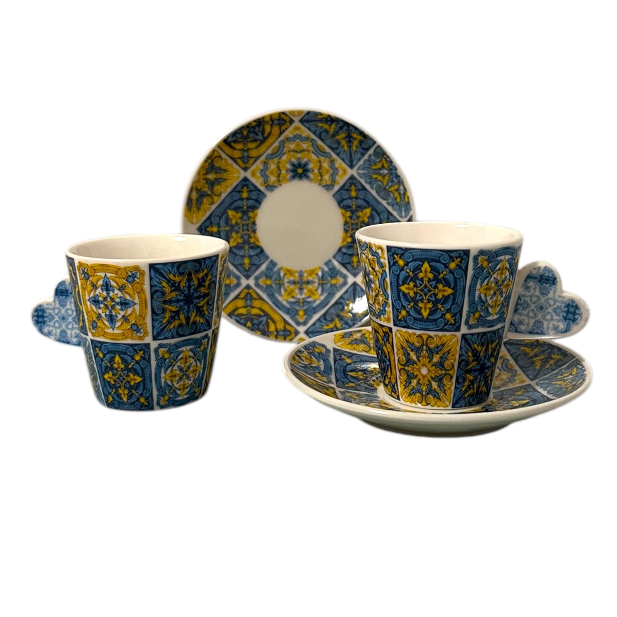 Portugal Azulejos handbemaltes Espresso-Set mit 2 Tassen, Keramik, Tee, Kaffee, Espressotassen, inklusive Geschenkbox, portugiesische Keramik, schönes Geschenk aus Portugal (gelbes & blaues Herz)