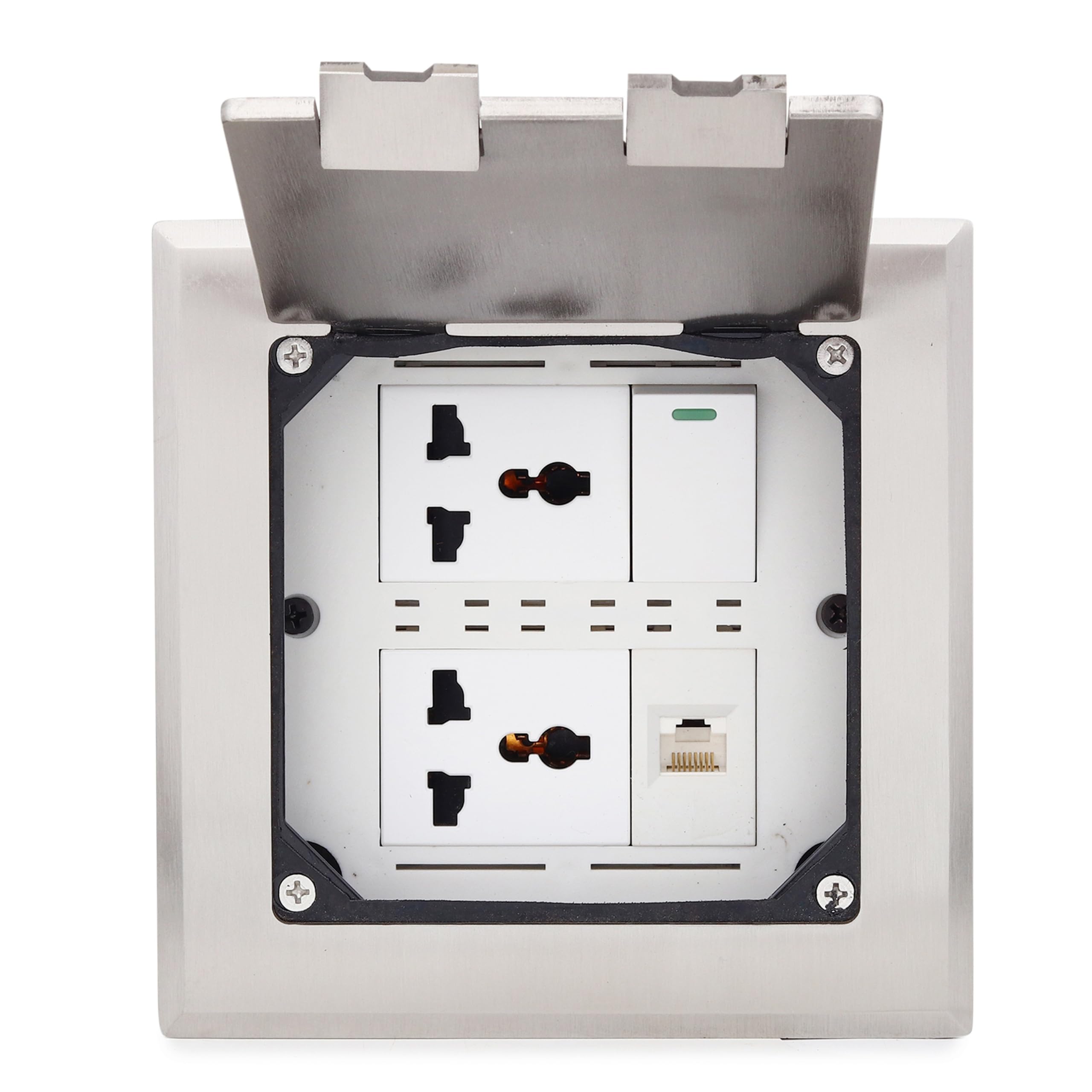 Floor Cable Cubby - 2 Power Socket, 1 Switch, 1 LAN Port (Silver) | Flush Mount Floor Outlet Box, Heavy Duty Metal Frame with Manual Flip Cover for Offices-image-40