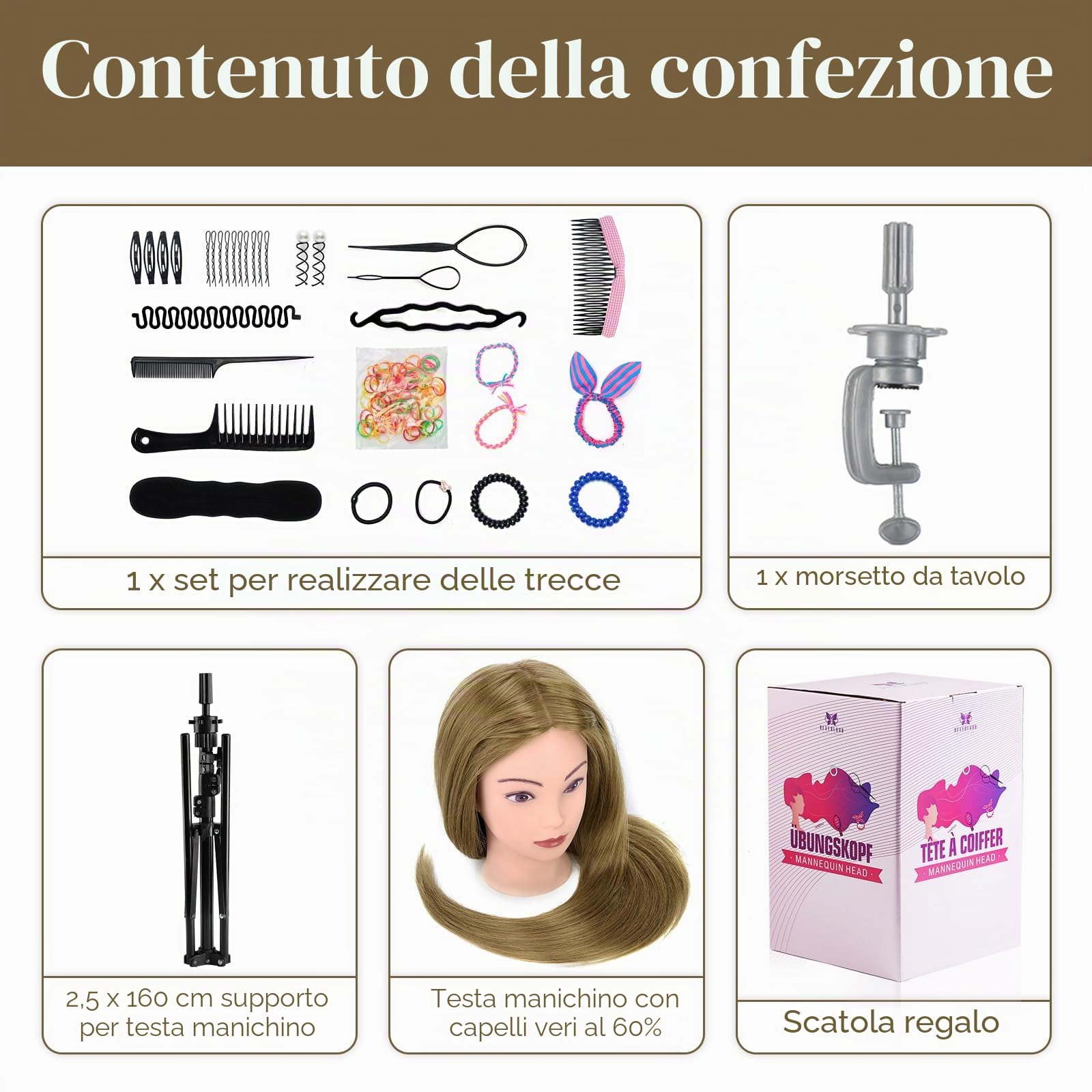 Testa per Acconciature 71cm Capelli Veri 60% Bionda con Supporto + Accessori Set