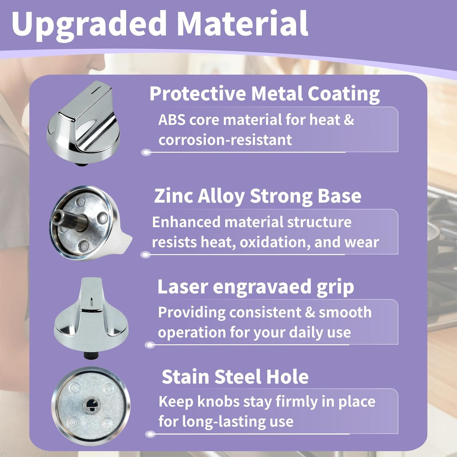 Upgraded W11517334 W10850033 Stove Knobs Replacements for Whirlpool Gas Stove Knobs WEG745H0LZ1 WEG745H0LZ WEG515S0FB0 WEG745H0FS0 Cooktop Oven Gas Range Electric Control Knobs Metal Base Silver 4Pcs