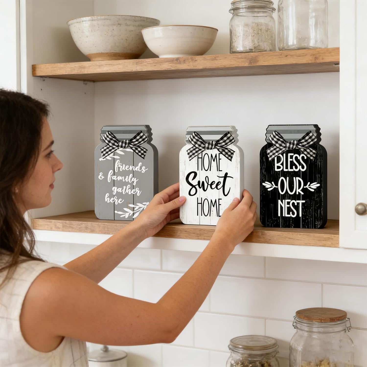 3 Pcs Farmhouse Sweet Home Tiered Tray Decor Wooden Mason Jar Signs for Table Centerpiece Rustic Vintage Black White Tabletop Block for Kitchen Dining Room Country Summer Shelf Housewarming Gift