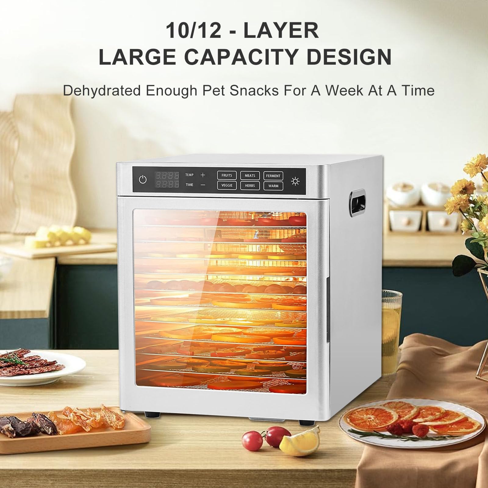 Essiccatore per alimenti digitale LED elettrico da 800 W, essiccatore per carne di manzo e carne secca, temperatura 185ºF, timer 24 ore, riscaldamento a circolazione a 360 °, essiccazione per frutta