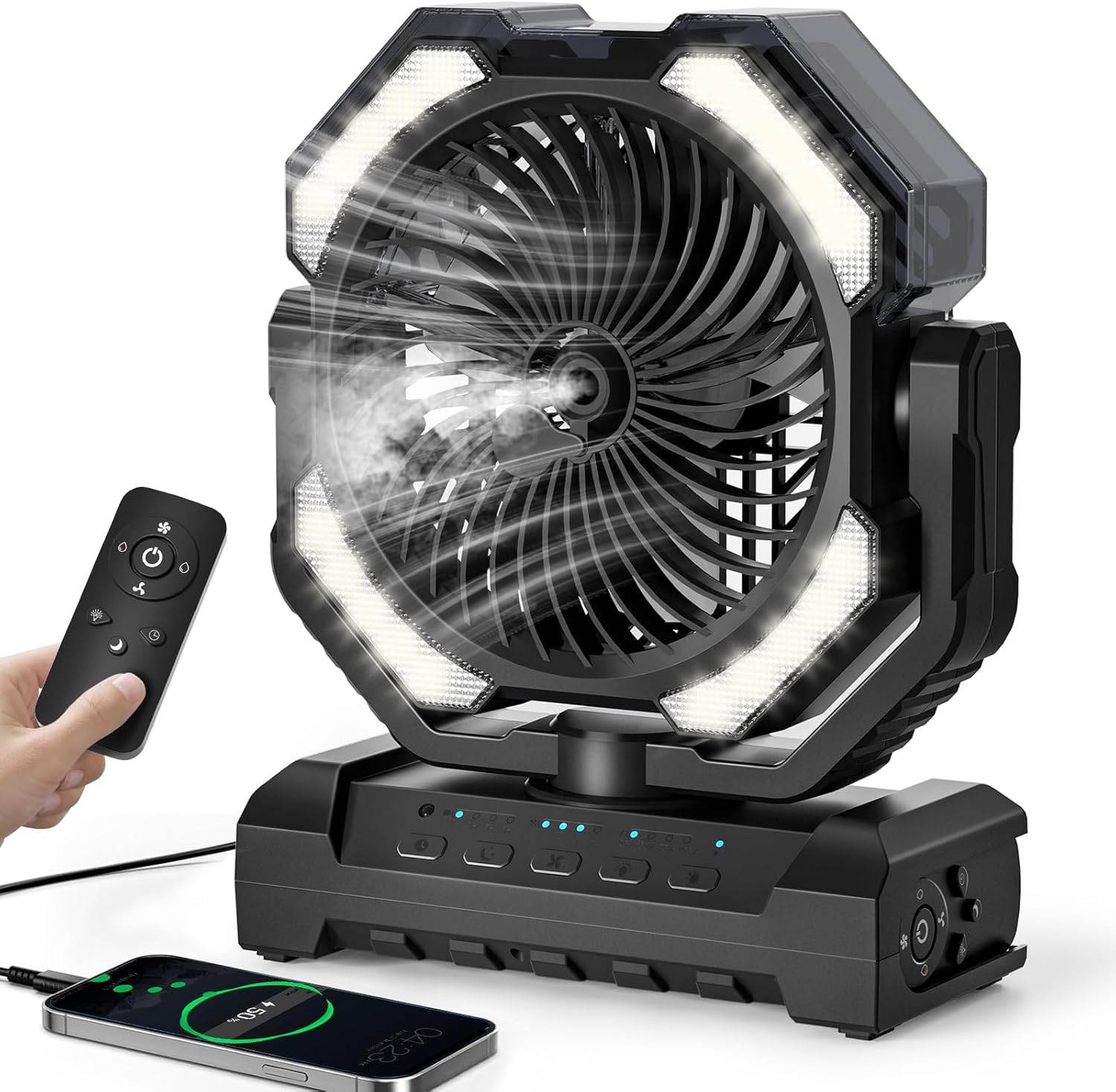 20000mAh Portable Misting Fan, USB Rechargeable Camping Fan with LED Light, Battery Operated for Outdoor, Tents, Beach, Travel - 250mL Water Tank & Hook Included, Black.