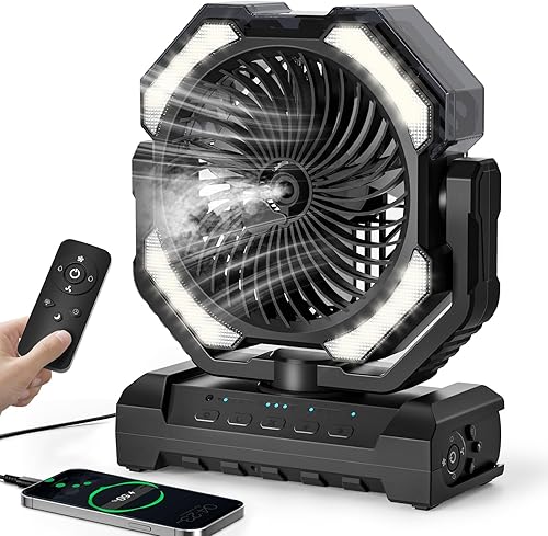 Miniatura 8 de Ventilador de niebla portátil de 20000 mAh, ventilador de campamento recargable por USB con luz LED, funciona con batería personal para exteriores,