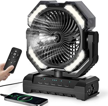 20000mAh Portable Misting Fan, USB Rechargeable Camping Fan with LED Light, Battery Operated for Outdoor, Tents, Beach, Travel - 250mL Water Tank & Hook Included, Black.