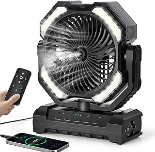 20000mAh Portable Misting Fan, USB Rechargeable Camping Fan with LED Light, Battery Operated for Outdoor, Tents, Beach, Travel - 250mL Water Tank & Hook Included, Black.