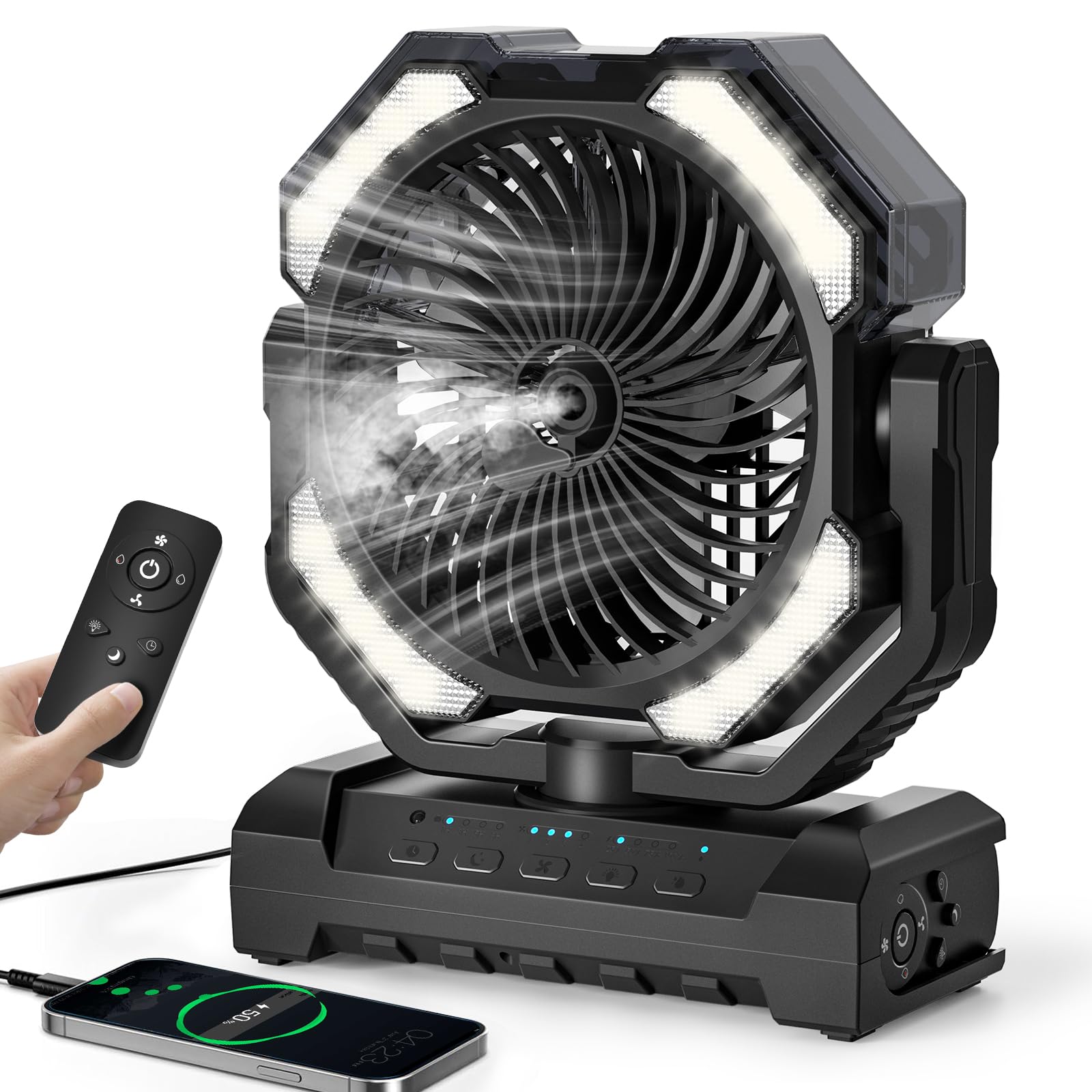 covozon 20000mAh Portable Misting Fan, USB Rechargeable Camping Fan with LED Light, Battery Operated for Outdoor, Tents, Beach, Travel - 250mL Water