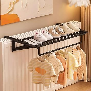 Radiator Towel Rail Hanging Holder with Strong Iron Build, Adjustable Telescopic Arms, No Drilling, Organize Towels and Bathroom UtensilsBlack,40 * 21cm/16 * 8in