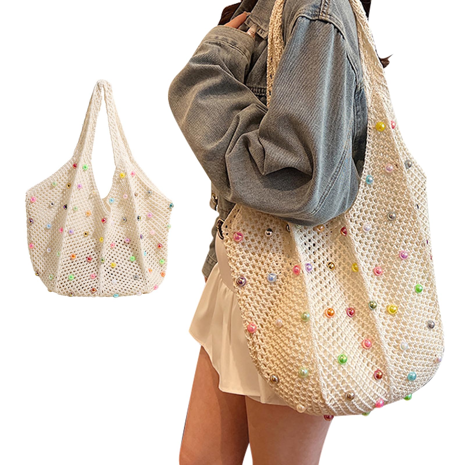 Bolso de Playa para Mujer, Bolsa de Playa para Mujer, Bolso de Hombro de Malla Estética, Grande Bolsos de Hombro Tejido, Bolsos de Playa de Malla para Fiestas en la Playa Viajes Compras