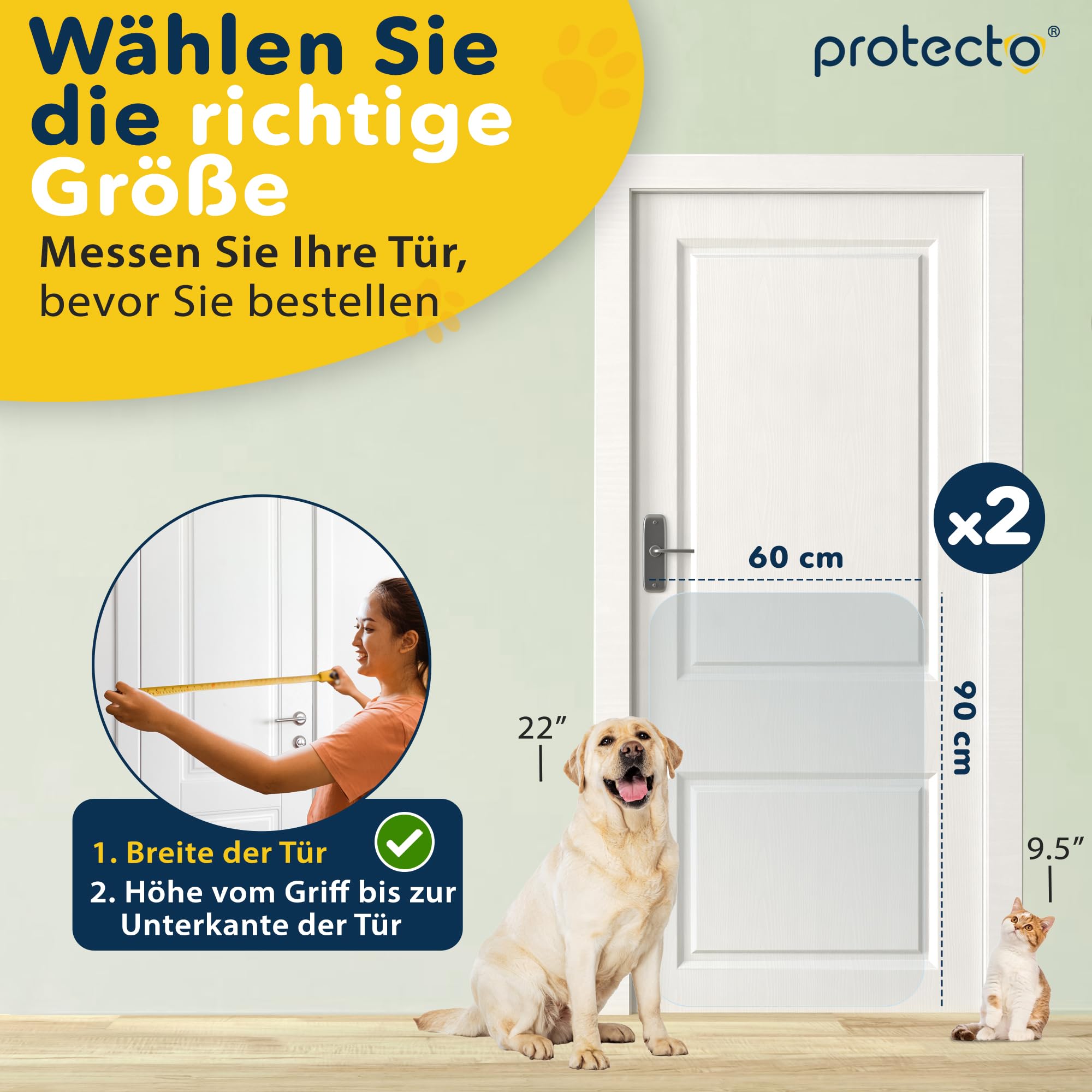 PROTECTO 2er Pack 90x60 cm Hunde und Katzen Kratzschutz Tür – Ultrastarker Hunde- und Katzen Kratzschutz - Einfache Anbringung - Kratzschutz Katze und Hund Transparent Möbel, Balkontüren, Fenster