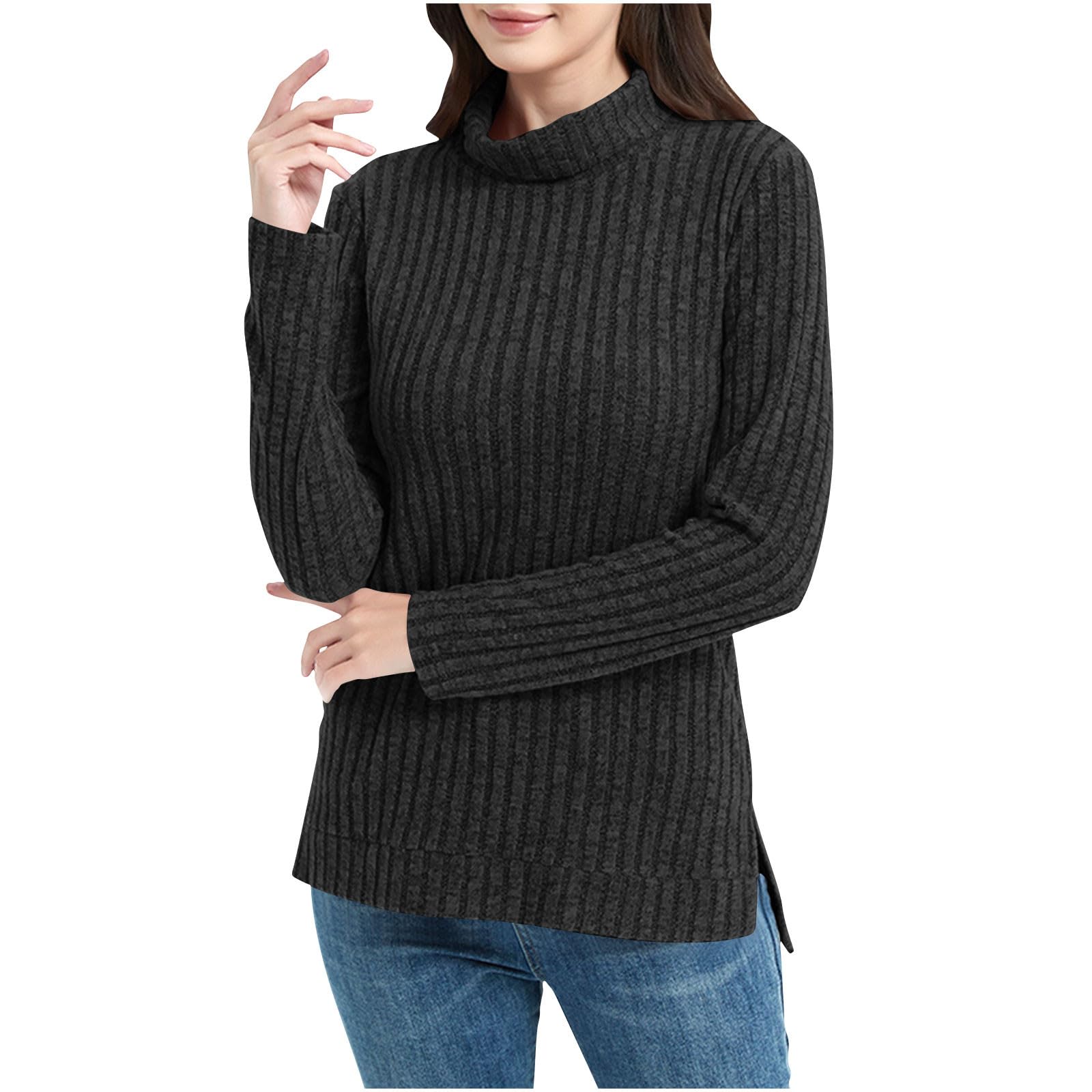 Women 2025 Fall Solid Color Sweaters Turtleneck Casual Long Sleeve Side Slit Knit Pullover Tops Winter Warm Clothes