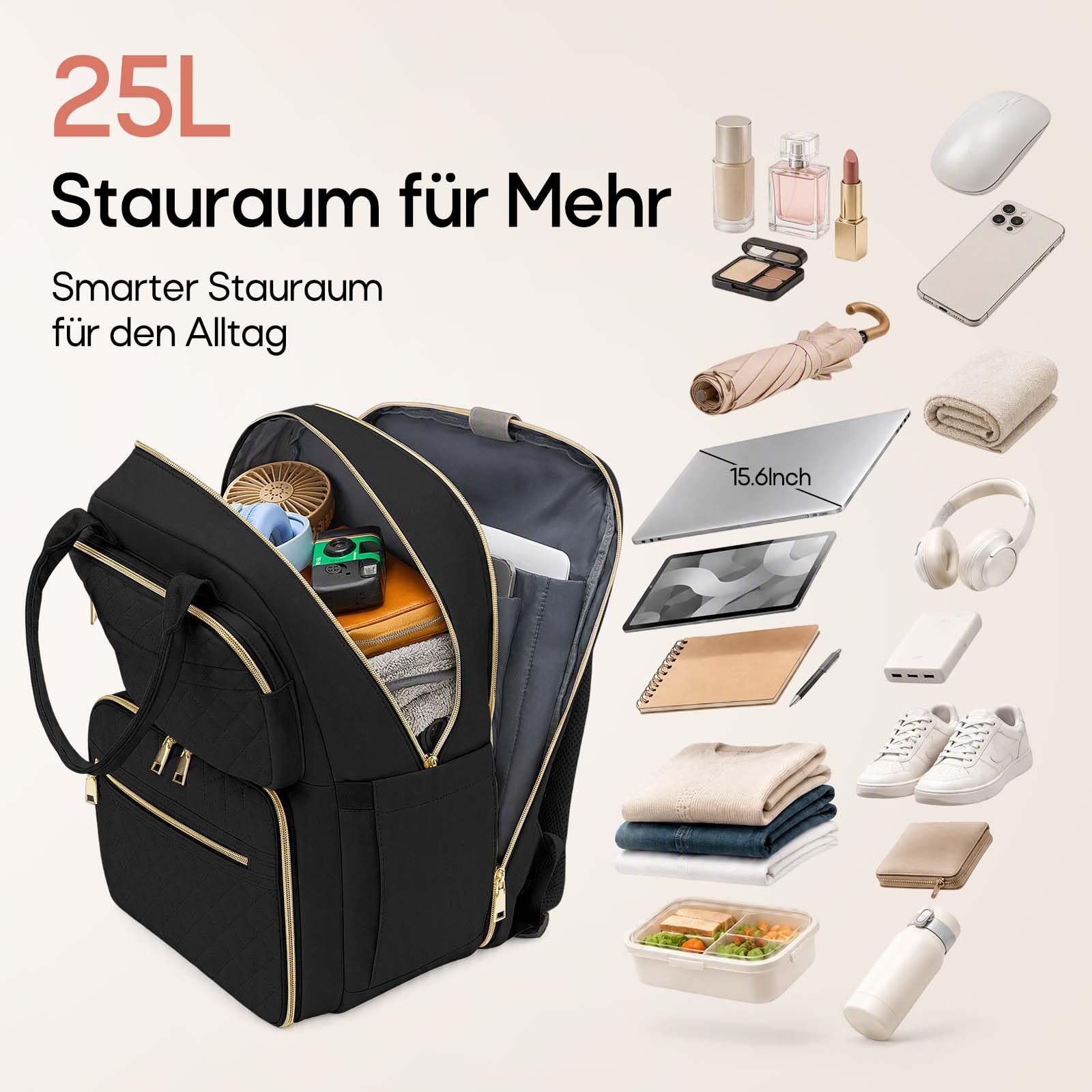 RAINSMORE Laptop Rucksack 15.6 Zoll mit Kühlfach, Rucksack Damen