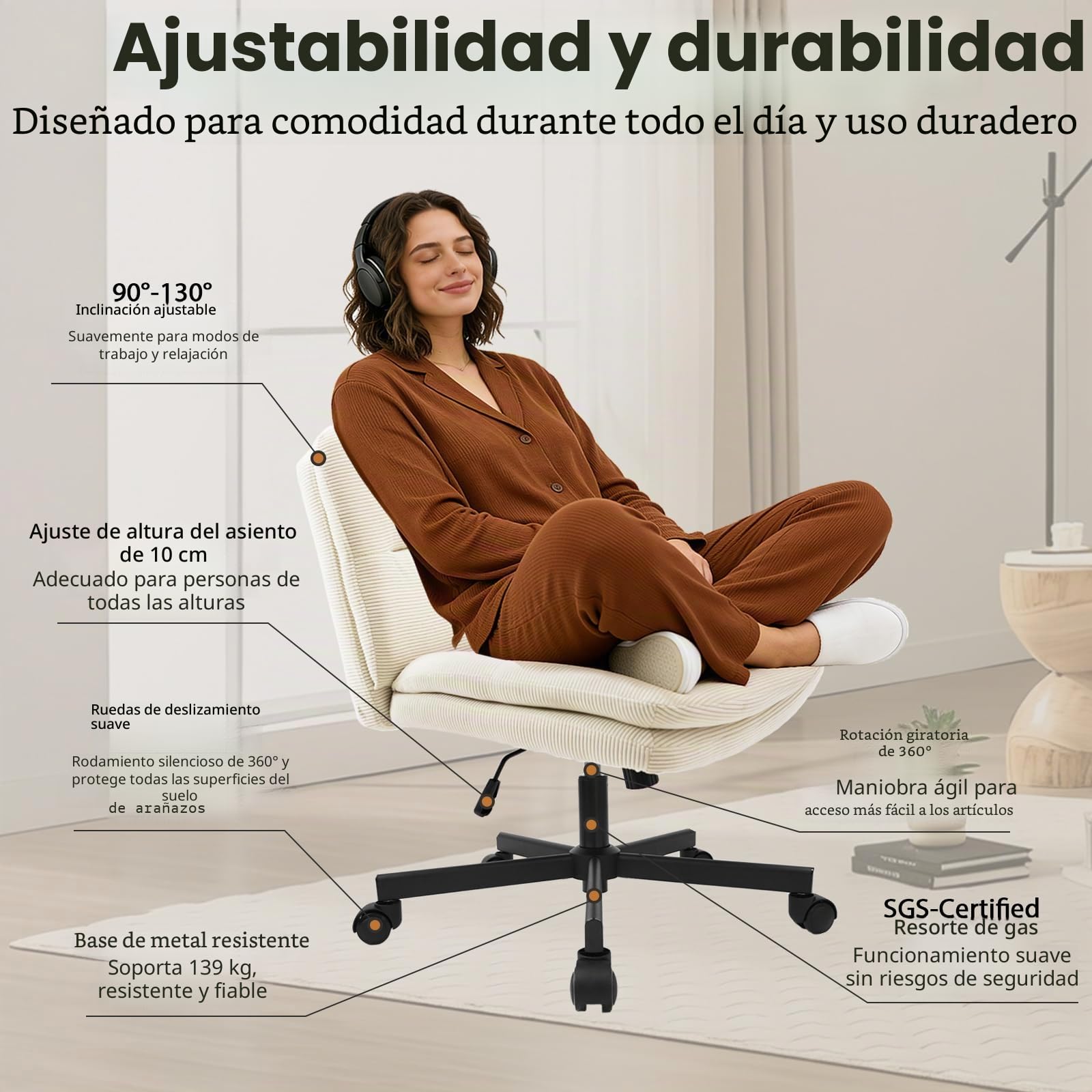 Durrafy Silla Oficina Ergonómica Sin Reposabrazos Beige, Silla Tocador y Maquillaje, Asiento Ancho para Piernas Cruzadas, Altura Ajustable, Giratoria 360°, Ruedas Silenciosas, Capacidad 136 kg