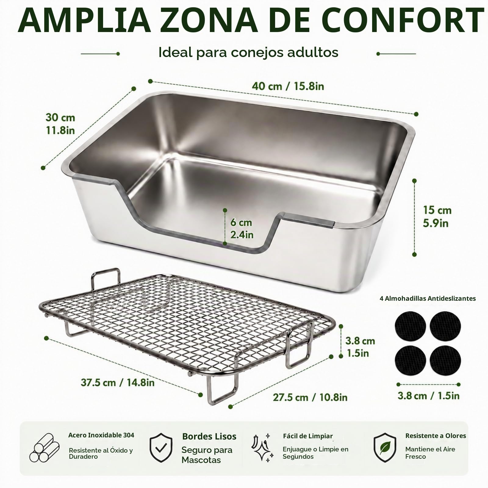 HYLYUN Bandeja Higiénica Conejo Acero Inoxydable con Rejilla, 40x30x15 cm