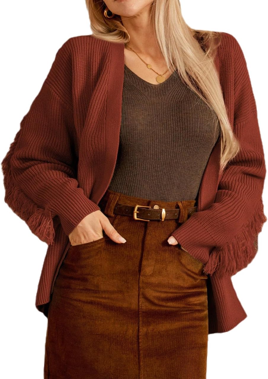 GRACE KARIN Women’s 2024 Casual Long Sleeve Fringed Cardigan Open Front V Neck Knit Loose Oversized Sweater Outwear