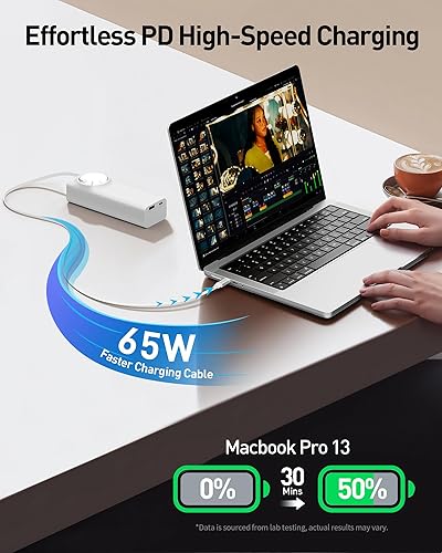 Miniatura 3 de iWALK Banco de energía para laptop, 20000mAh 65W, cargador portátil con cable USB-C retráctil integrado de 2.3 pies y pantalla LED, triple salida