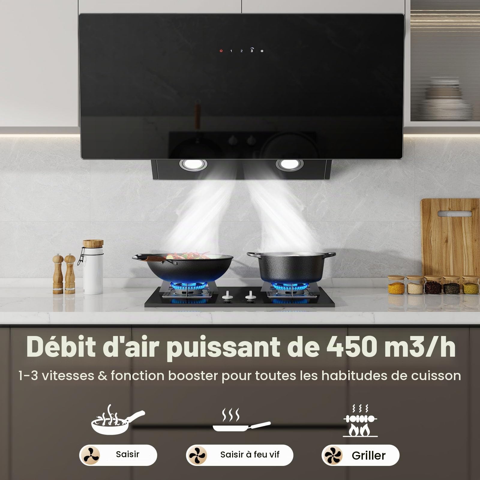TopStrong Hotte Aspirante 90cm, Hotte de Cuisine inclinée Silencieuse, A+++ Hotte aspirante sans Evacuation ou Recyclage Inclus Filtres Charbon, 450m³/h, 3 Vitesses + Boost Fonction, 58 dB, Noire