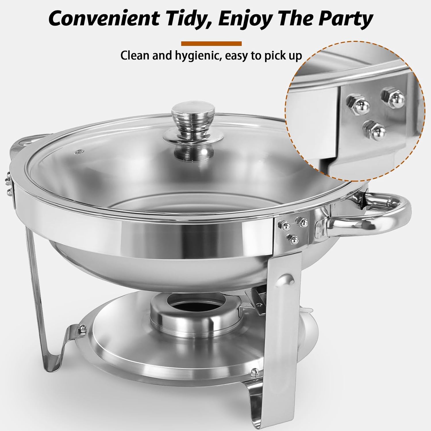Chafing Dishes for Buffet, 4 Pack 5QT Silver Round Stainless Steel Chafing Dish Set with Glass Lid Holder for Parties, Christmas Gatherings, Catering Events