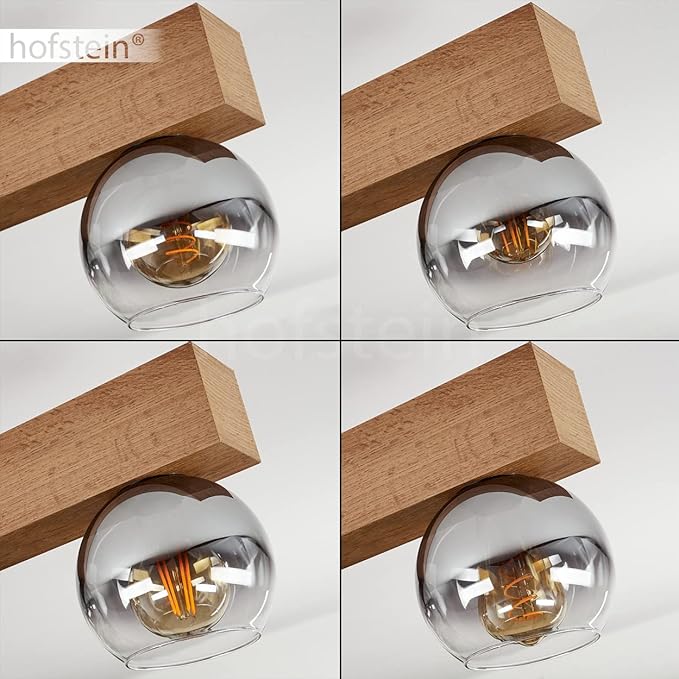 hofstein Plafondlamp Vouhet, moderne plafondlamp van metaal/MDF/glas in zwart/houtoptiek/rookkleuren, lamp in retro/vintage design met kappen van gerookt glas (Ø 15cm), 4xE27, zonder gloeilampen photo 3