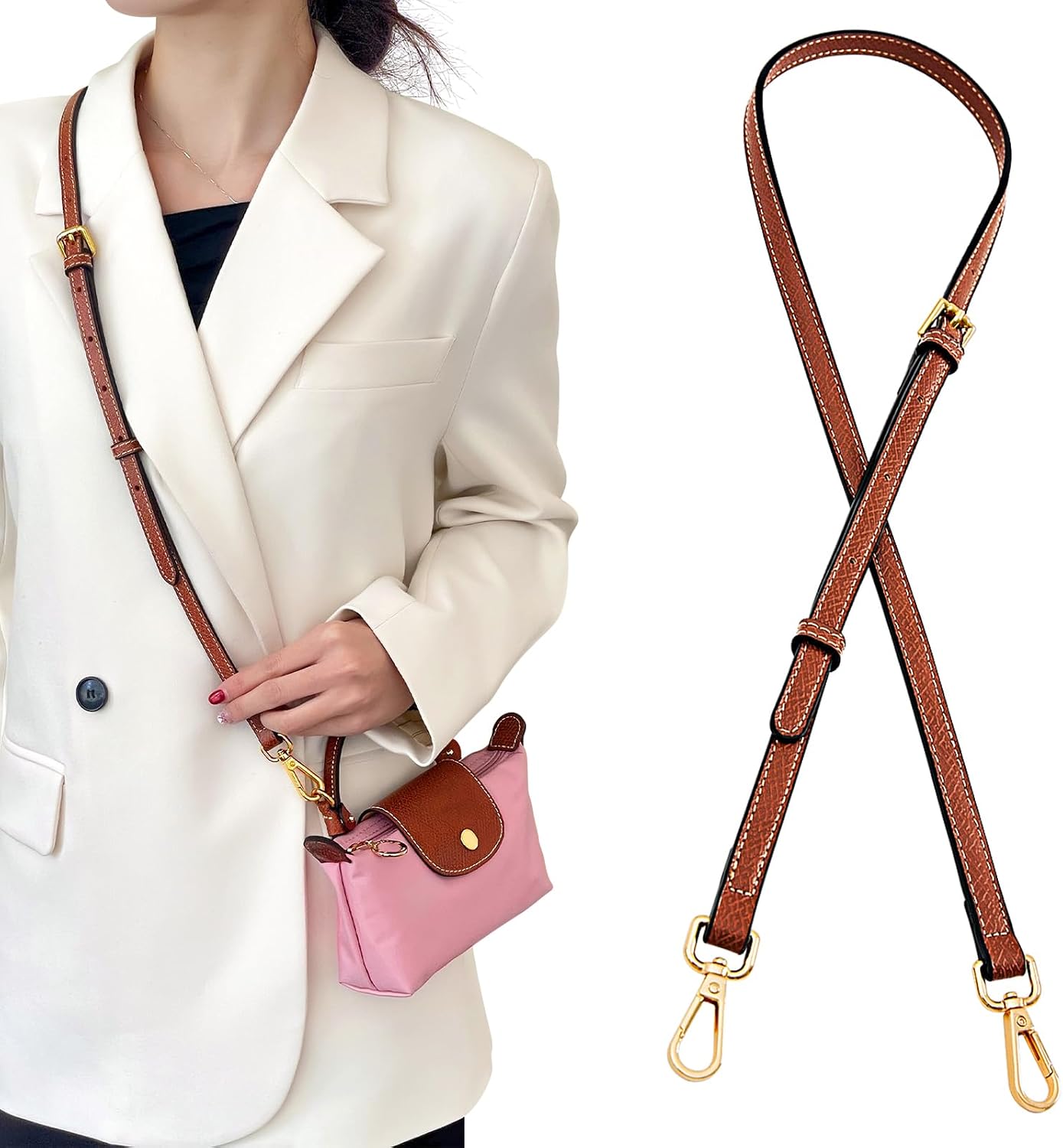 Bag Leather Shoulder Strap Adjustable Crossbody Replacement Fit for Le Pliage Mini Pouch(Brown Gold Buckles)