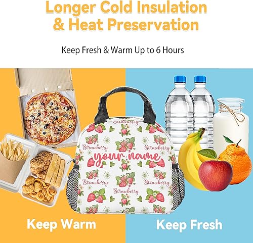 Miniatura 6 de Lonchera personalizada de fresa para niños, pequeñas bolsas de almuerzo aisladas, bonita lonchera reutilizable para niñas, bolsas de almuerzo