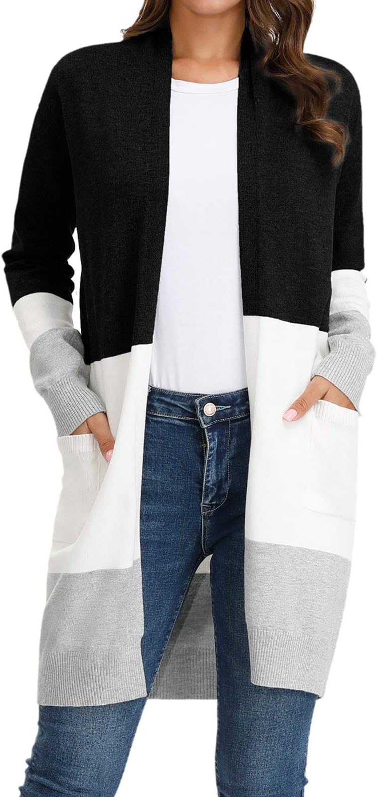 GRACE KARIN Women Color Block Striped Cardigan Sweaters Long Sleeve Open Front Sweater Coat with Pockets