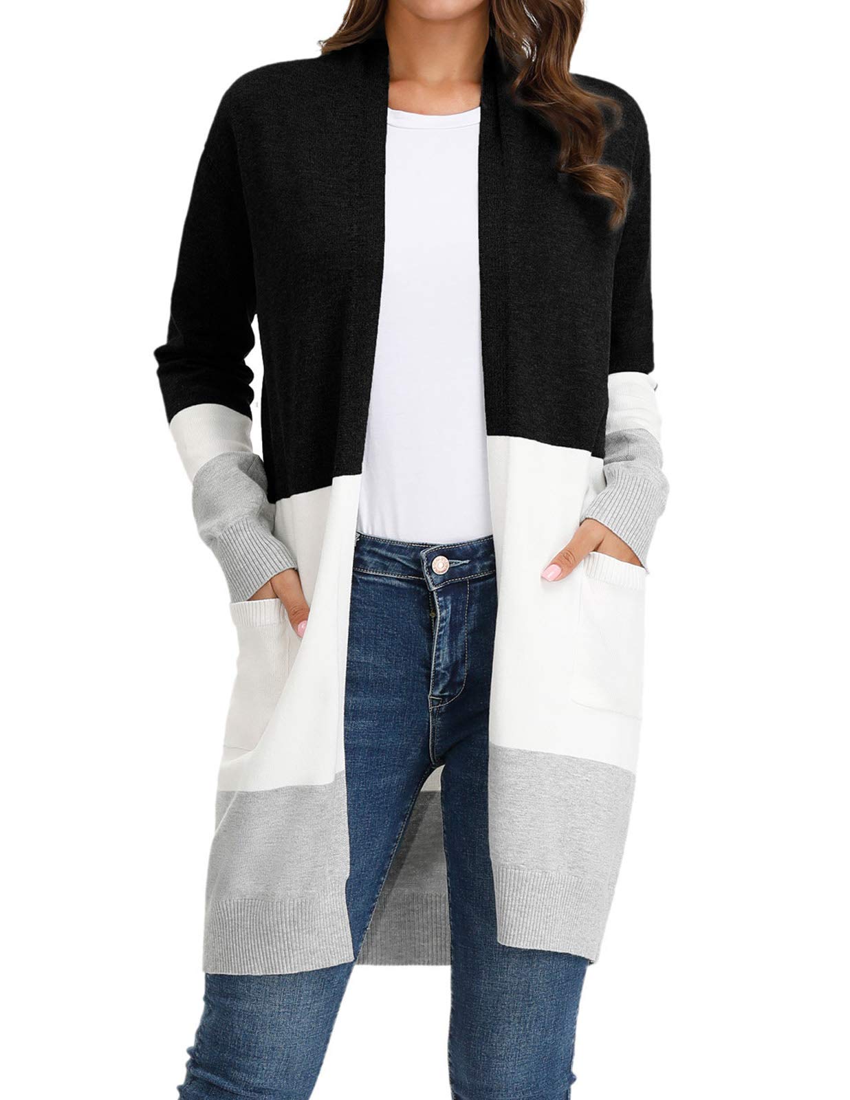 GRACE KARIN Women Color Block Striped Cardigan Sweaters Long Sleeve Open Front Sweater Coat with Pockets