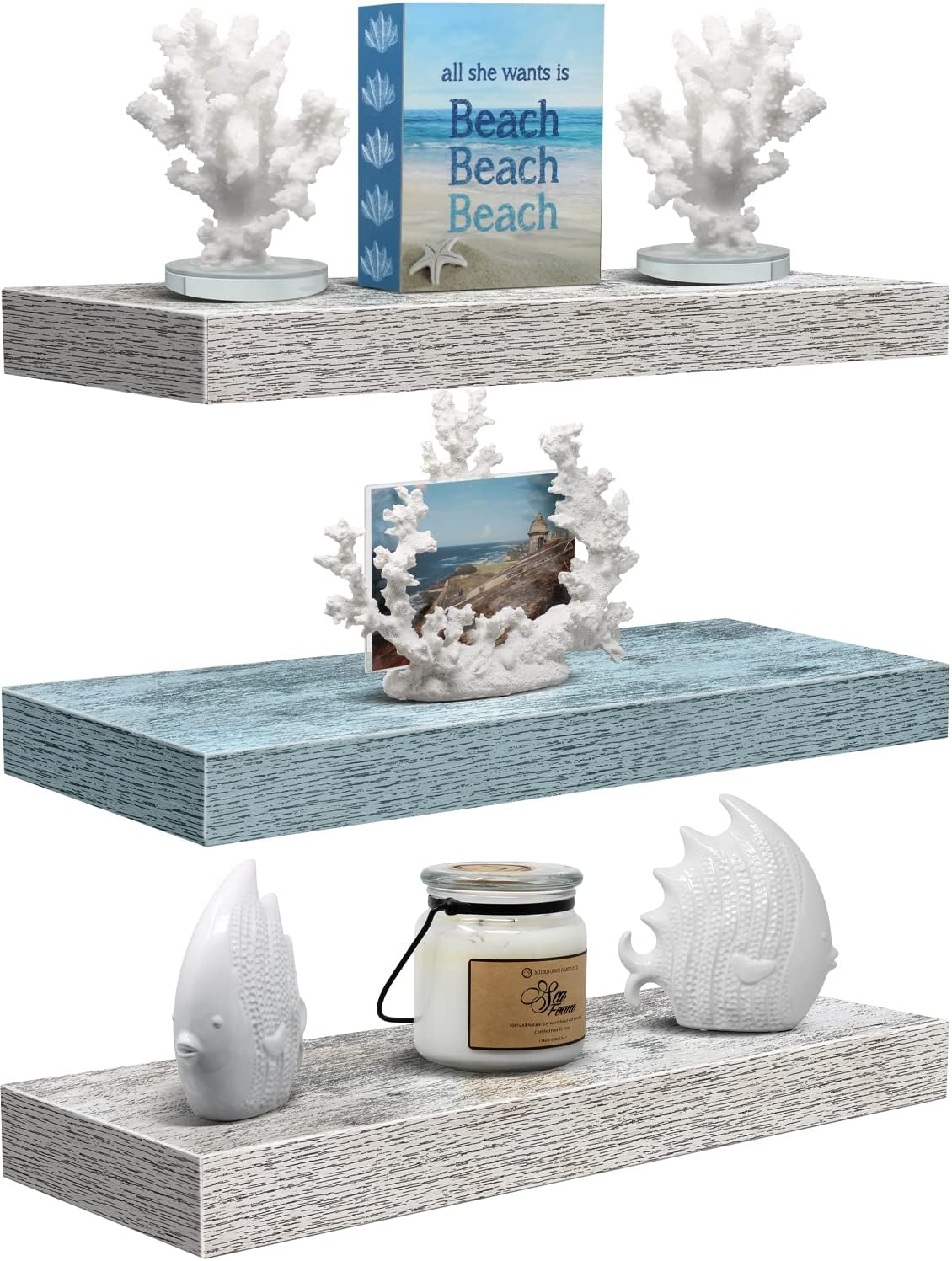 Sorbus Floating Shelf Set - Rustic Engineered Wood Coastal Beach Style Hanging Rectangle Wall Shelves for Home Décor, Trophy Display, Photo Frames, etc.(Blue/White, 3 Pack)