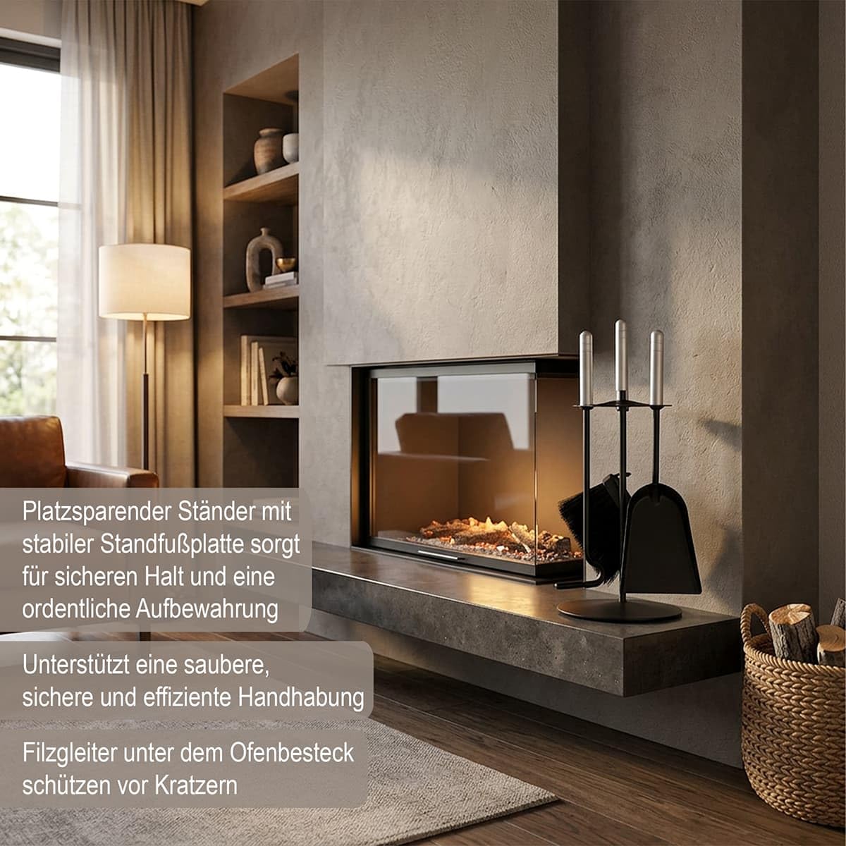 MS Beschläge Kaminbesteck 4-tlg. schwarz pulverbeschichtet – modernes Ofenbesteck Kamin-Set mit Schürhaken, Schaufel und Besen - kompakt & platzsparend - Kamingarnitur rund Griffe Aluminium gebürstet