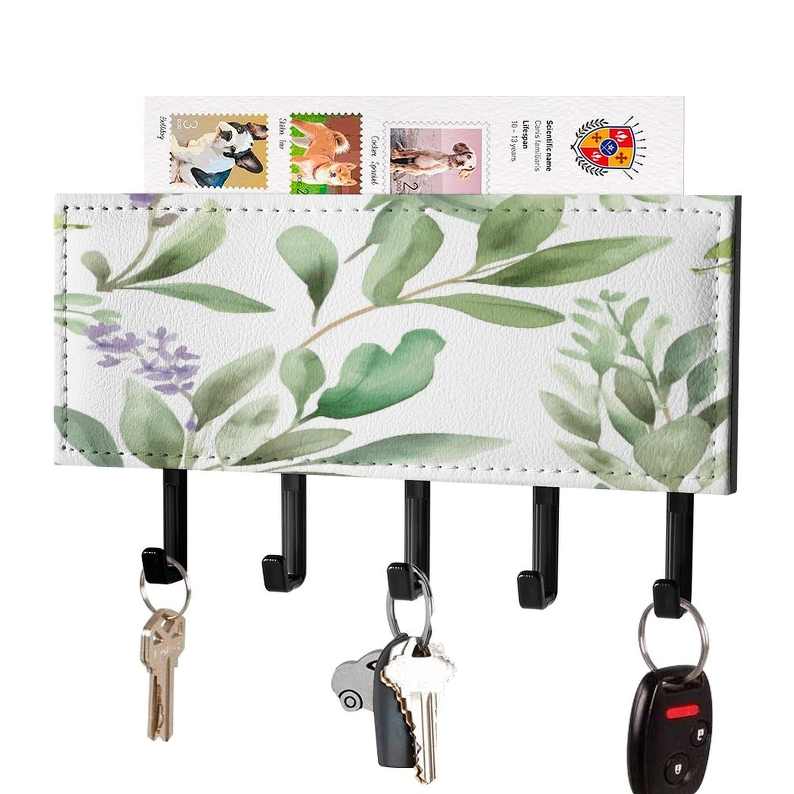 Green Flower Watercolor Herb Sage Leaves And Branches1 Key Holder for Wall Decorative Mail Organizer with 5 Key Hook Self Adhesive Key Rack with Tray Coat Rack Wall Mount Key Hanger Decor for Entryway