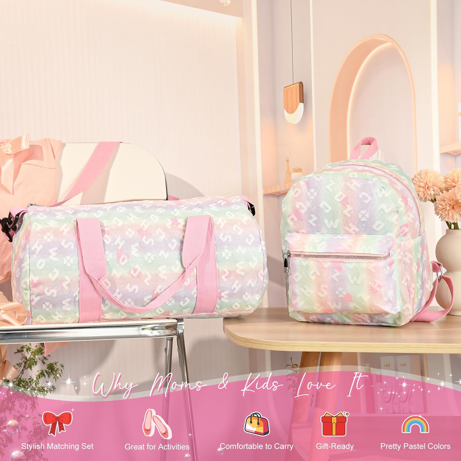 Dance Bag and BackPack Set for Girls, 2PCS Ballet Sport Gym Duffle Overnight Travel Cute Bags for Dancers, Girls, Teens, Student Athletes (Pink Rainbow) - Image 9