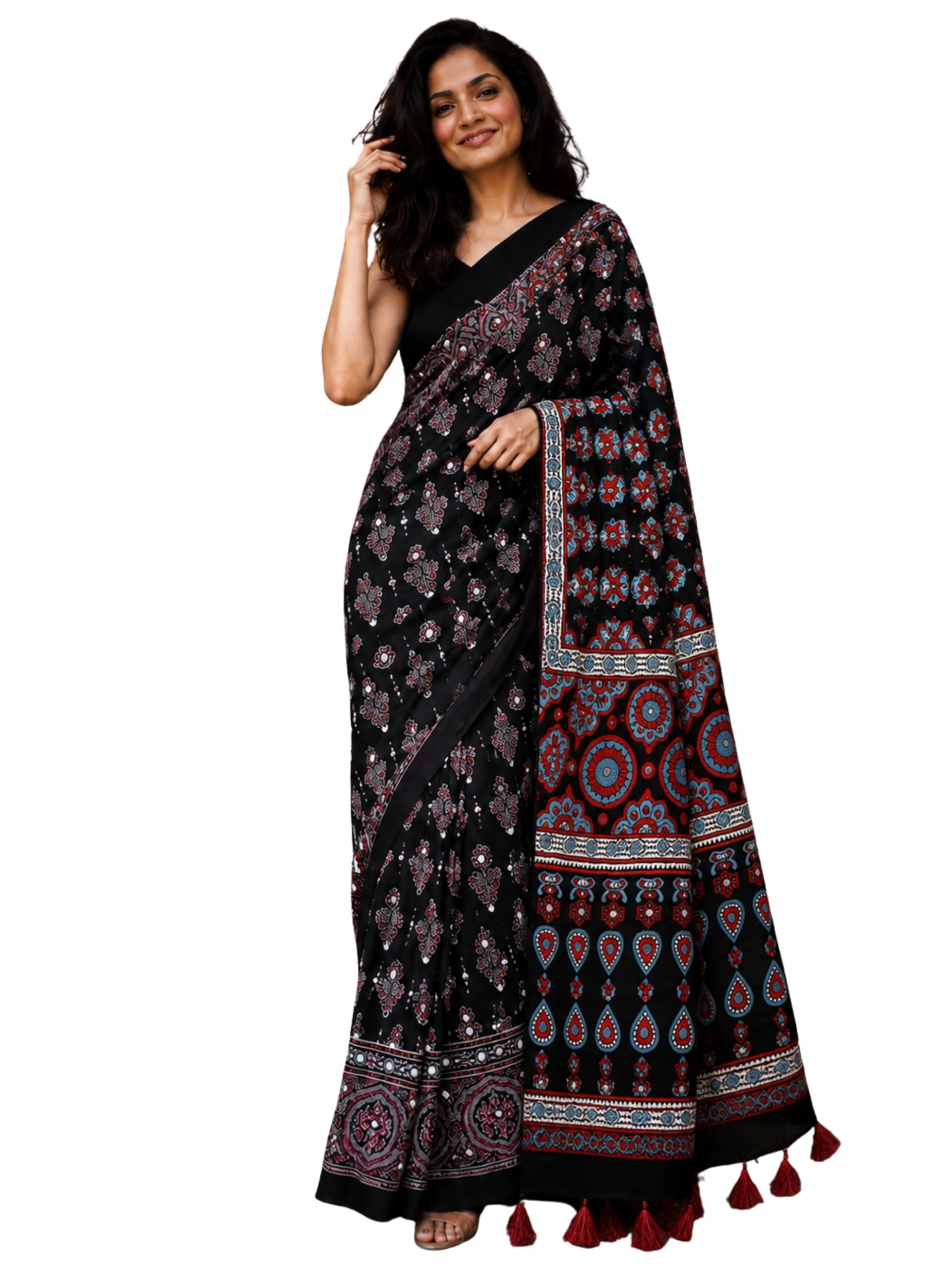 Ajrakh Modal Silk Saree for Women | Mirror Work Black Saree | Gajji Silk Red Pallu Tassels | Designer Sarees for Women Party | Ajrakh Print Saree | Modal Silk Sarees Original-image-23