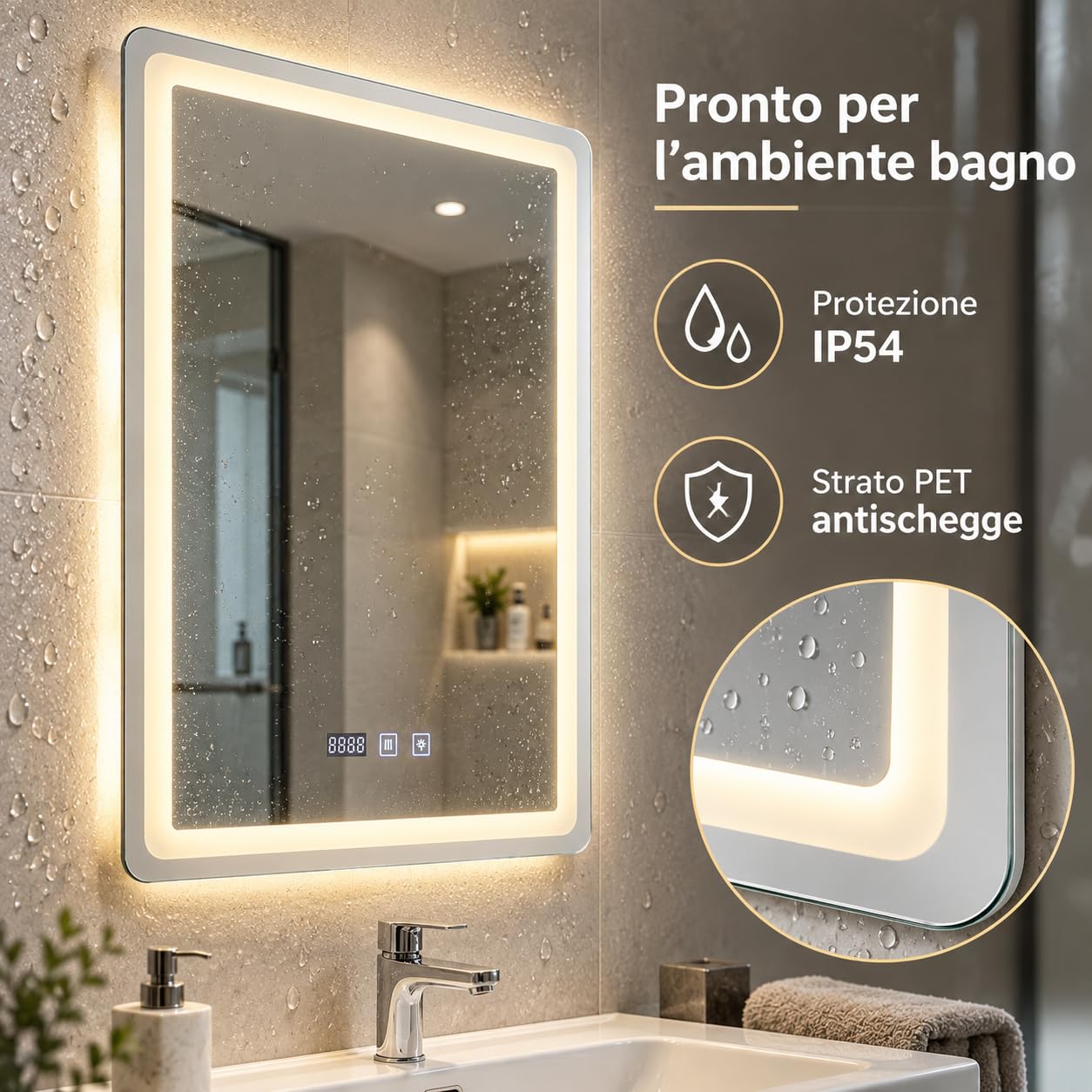Miroir de salle de bain LED 50 x 70 cm, miroir de salle de bain avec
