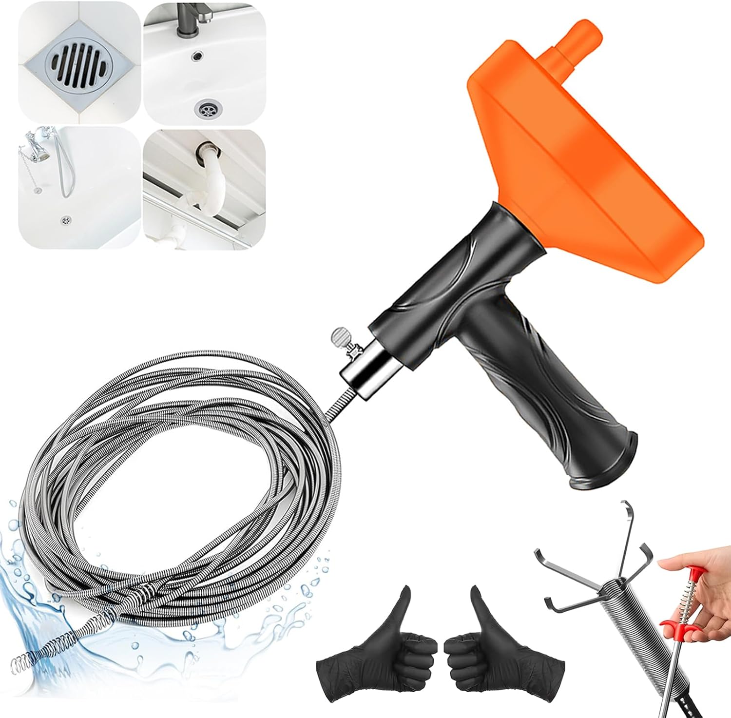 33 Feet Drain Snake Auger, Plumbing Snake Drain Hair Clog Removal Tool, Sink Unclogger Drain, Heavy Duty Toilet Snake Auger, Cleaner Tool for Bathroom Kitchen Tub Shower Drain Clog Remover with Gloves