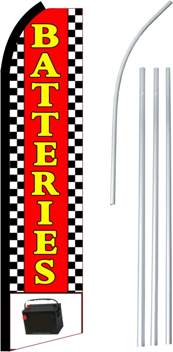 NEOPlex - "Batteries" - Floppy Flappy Flutter Flag and Pole Set - Includes 12-Foot NEOPlex Feather Flag with 15-Foot Aluminum Pole (no Mount)