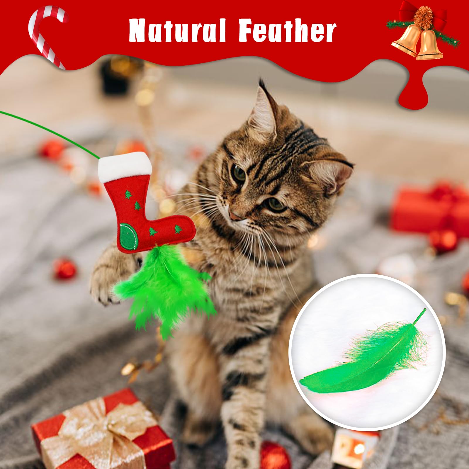 Juguetes de Navidad para gatos, paquete de 4 juguetes de varita para gatos de interior, regalos de gato con hierba gatera y plumas para Navidad, varita de gato de Navidad para gatos y gatitos