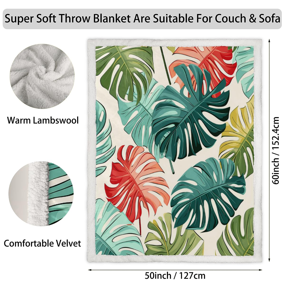 Manta de hojas de palma tropicales para sofá, manta cálida de invierno suave de lana de cordero para niños, mujeres y hombres
