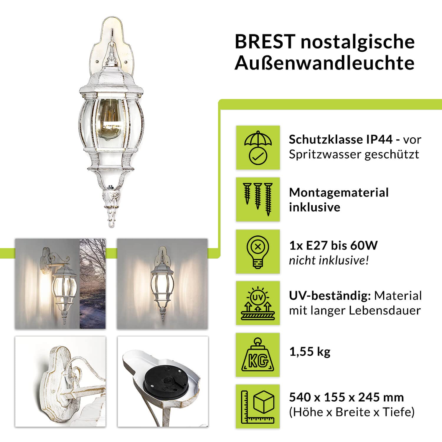Licht-Erlebnisse Wandleuchte Aussen Vintage, Aussenleuchte, Aussenleuchten Hauswand, Weiß Gold, H:54 cm, IP44, E27, Lampe Terrasse Außen, Balkon Lampe