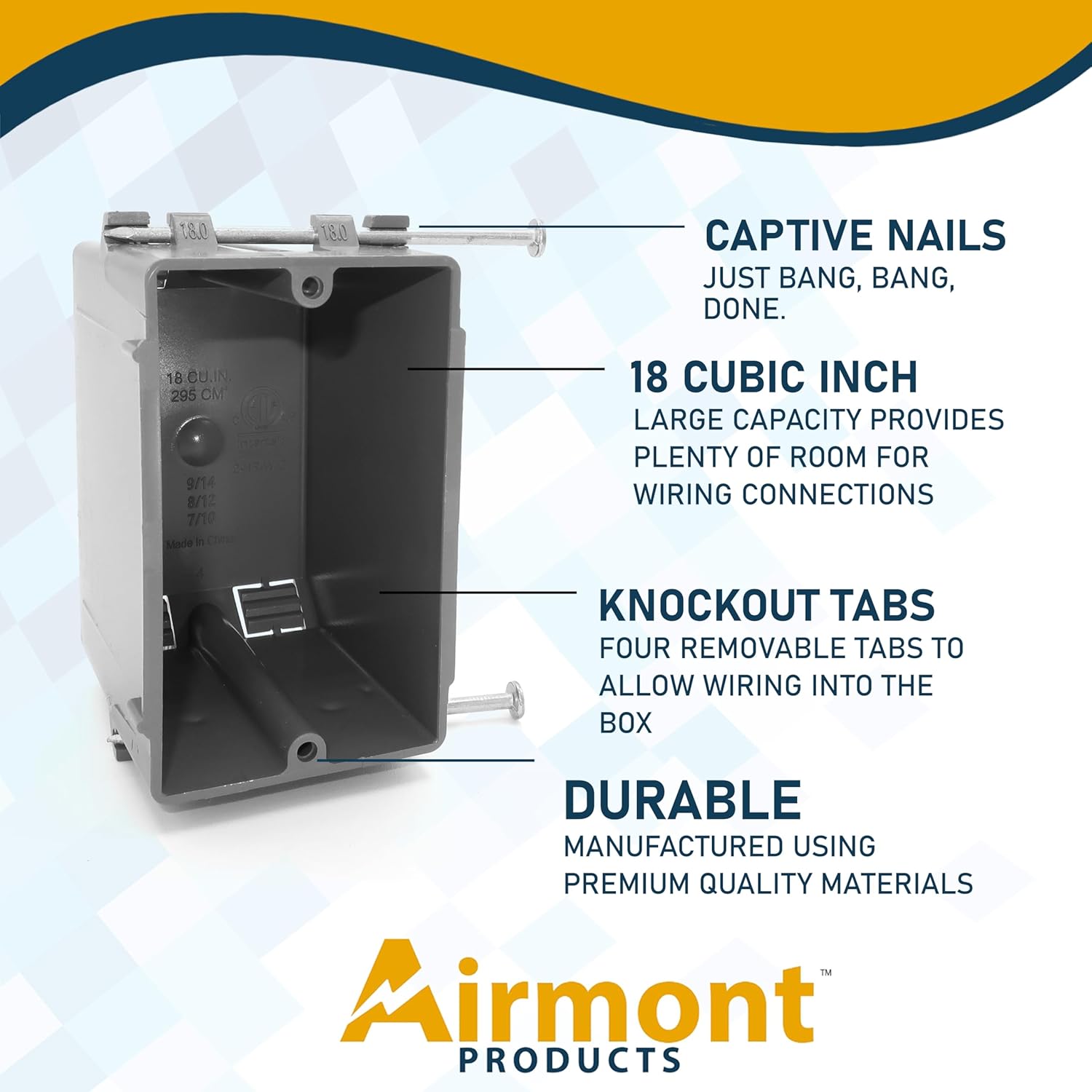 Plastic Electrical Box, Grey Outlet Box, Single Gang New Work Junction Box, Captive Nails, 18 cu. Inches, Length 3.75'', Width 2.25'', Depth 2.875'', 2 Hour Fire Rated Electrical Outlet Box