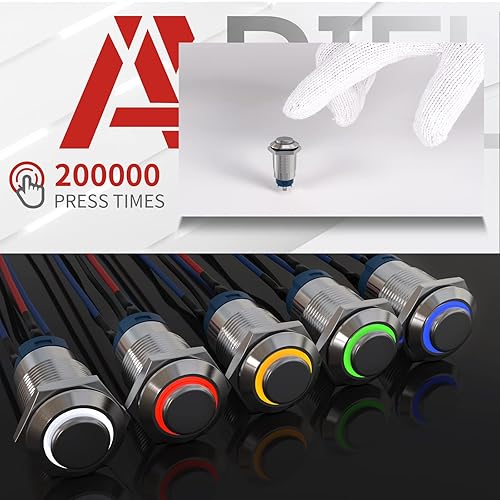 Miniatura 4 de APIELE (Pcs de 2) Interruptor de botón de bloqueo de 0.472 in de acero inoxidable de cabeza redonda alta 1 normalmente abierto con anillo Led (azul)