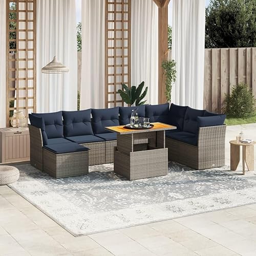 9 Piece Gray Poly Rattan Patio Sofa Set, Adjustable Table,