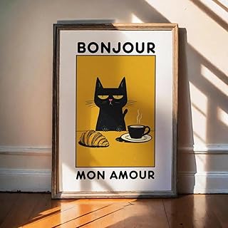 Lustige Bonjour Mon Amour Katze Kaffee Leinwand Malerei Poster Drucke Wand Kunst Picutre Für Wohnzimmer Wohnkultur 50X70Cm Kein Rahmen