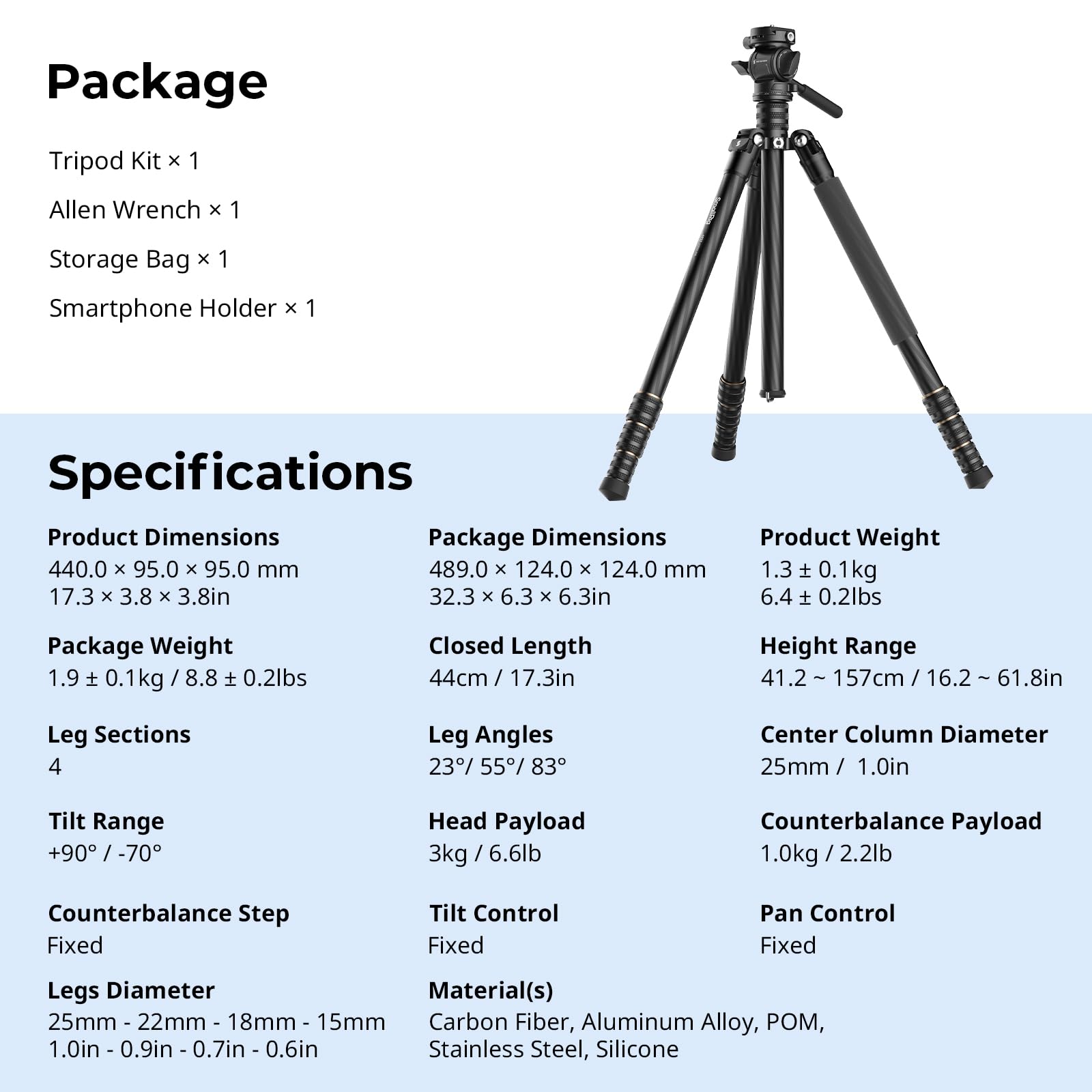 SMALLRIG CT150 Kit de Trípode de Viaje para Video, con Cabezal de Video con Giro e Inclinación, Placa QR para Arca, Giro de 360° e Inclinación de 90°/-70°, Carga Máxima de 3 kg/6,6 lb para DSLR - 4937