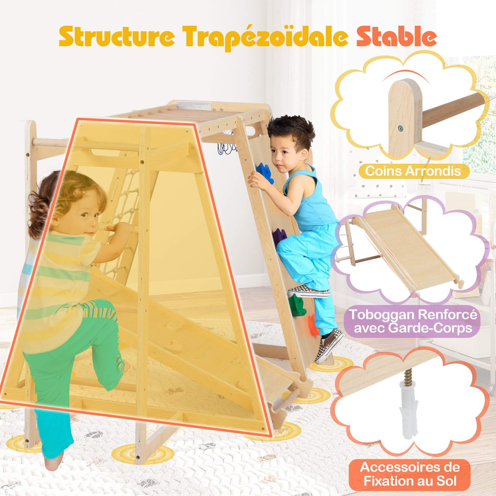 COSTWAY 6 en 1 Aire de Jeux d'escalade Intérieure en Bois avec Toboggan & Rampe, Triangle d'escalade Montessori Enfant avec Échelle & Panier & Barre de Singe, Charge 75kg pour 3-14 Ans