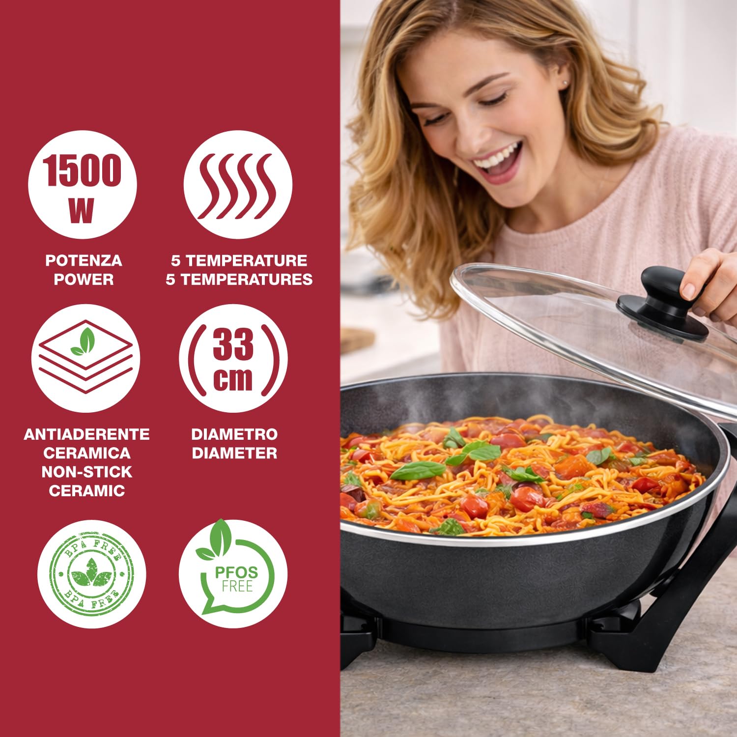 BEPER P101COS100 Wok électrique 33 cm, 1500 W, revêtement antiadhésif en céramique, thermostat réglable, 5 litres, couvercle en verre, idéal pour sauter, frire et mijoter.