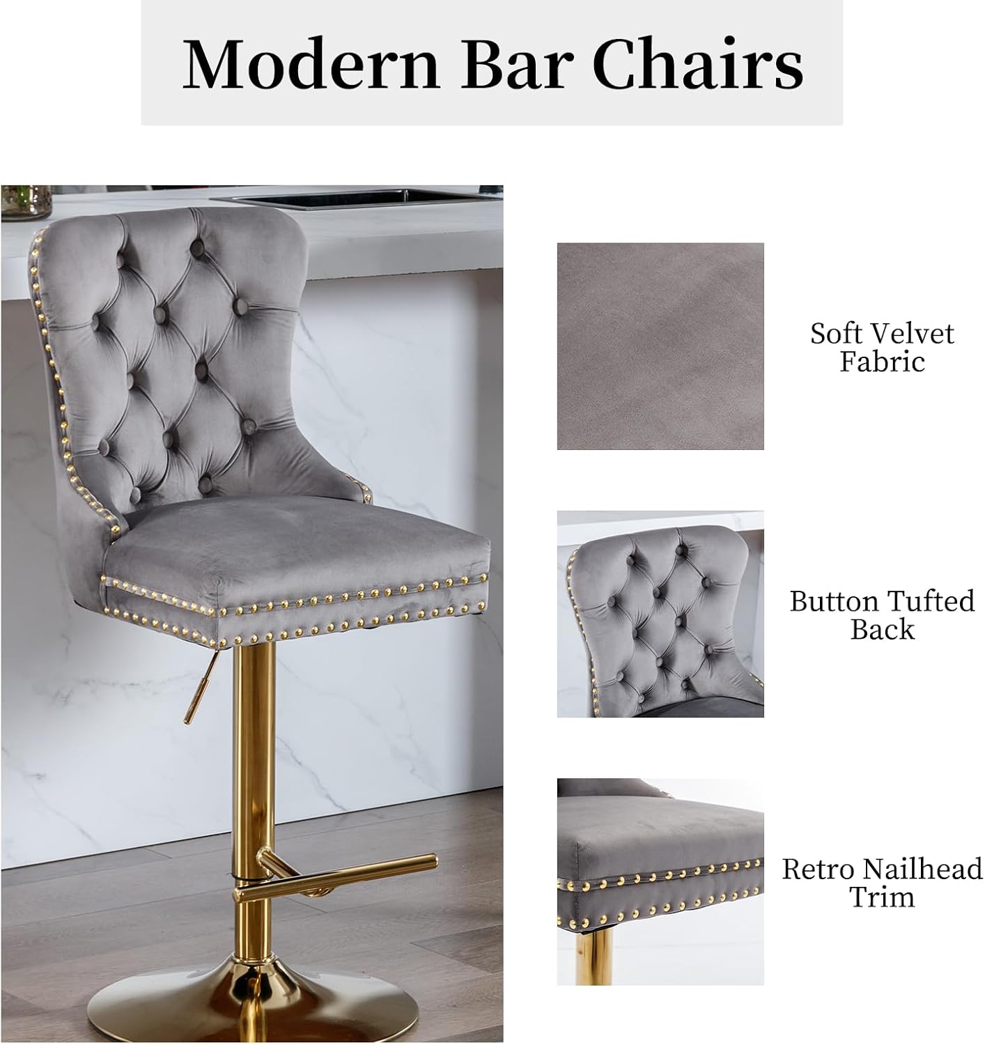 Grey Velvet Bar Stools Set of 2, Adjustable Swivel Counter Height Bar Stools with Nailheads Trim, Back Ring Pull Trim and Gold Footrest, Upholstered Bar Chair for Kitchen Island, Home Bar (Grey)