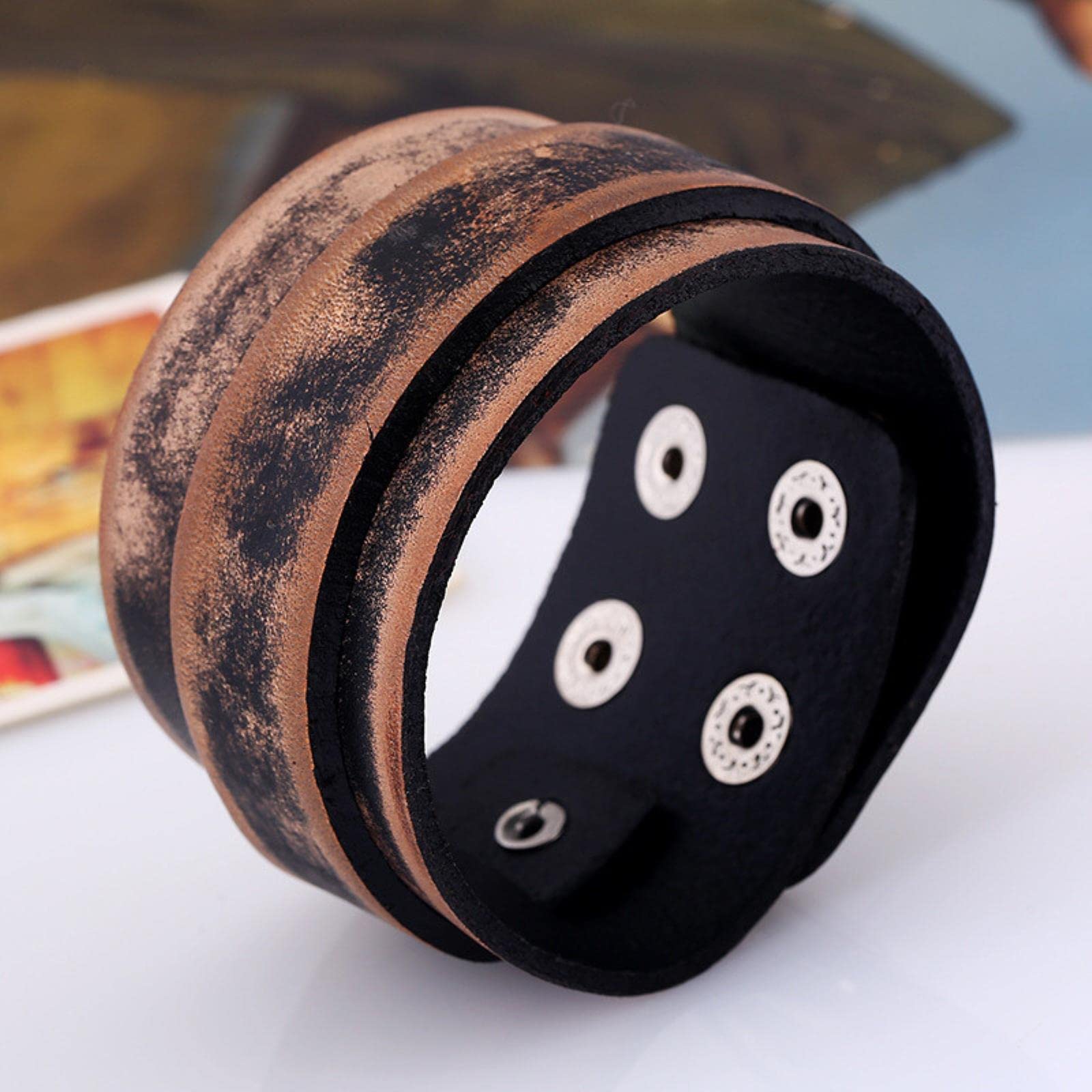 LYGXWJFC Nuevas Pulseras Trenzadas Vintage de Cuero Genuino, brazaletes Punk Marrones, brazaletes para Hombres, joyería