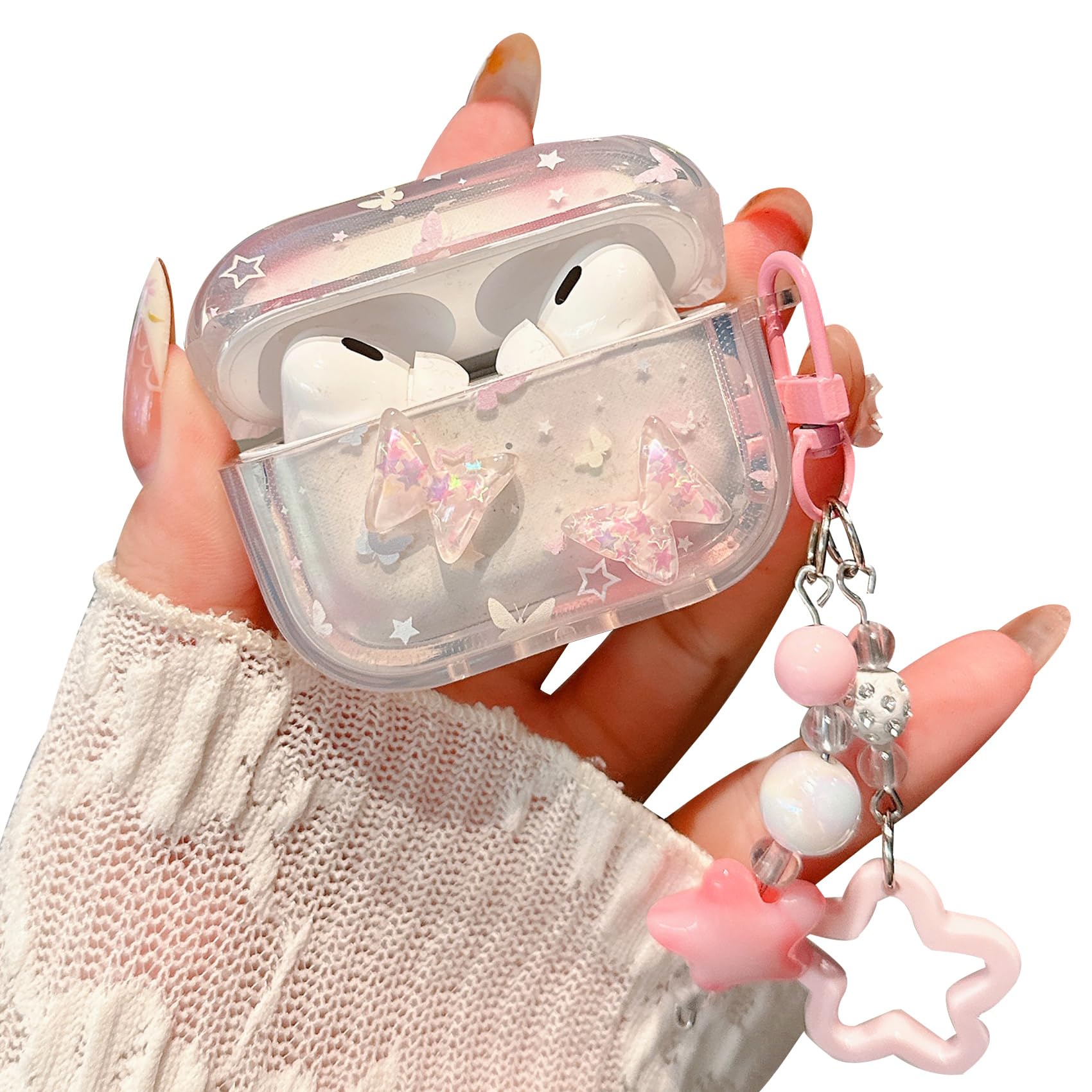 PHOEACC Compatible with AirPods Pro 2/1 Case, Cute 3D Butterfly Glitter Design with Keychain, Clear TPU Shockproof Protective Cover for Women Girls (