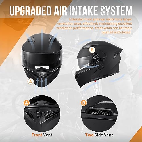 Miniatura 8 de Casco modular para motocicleta de cara completa con visera dual abatible, aprobado por DOT, ligero y en color negro mate