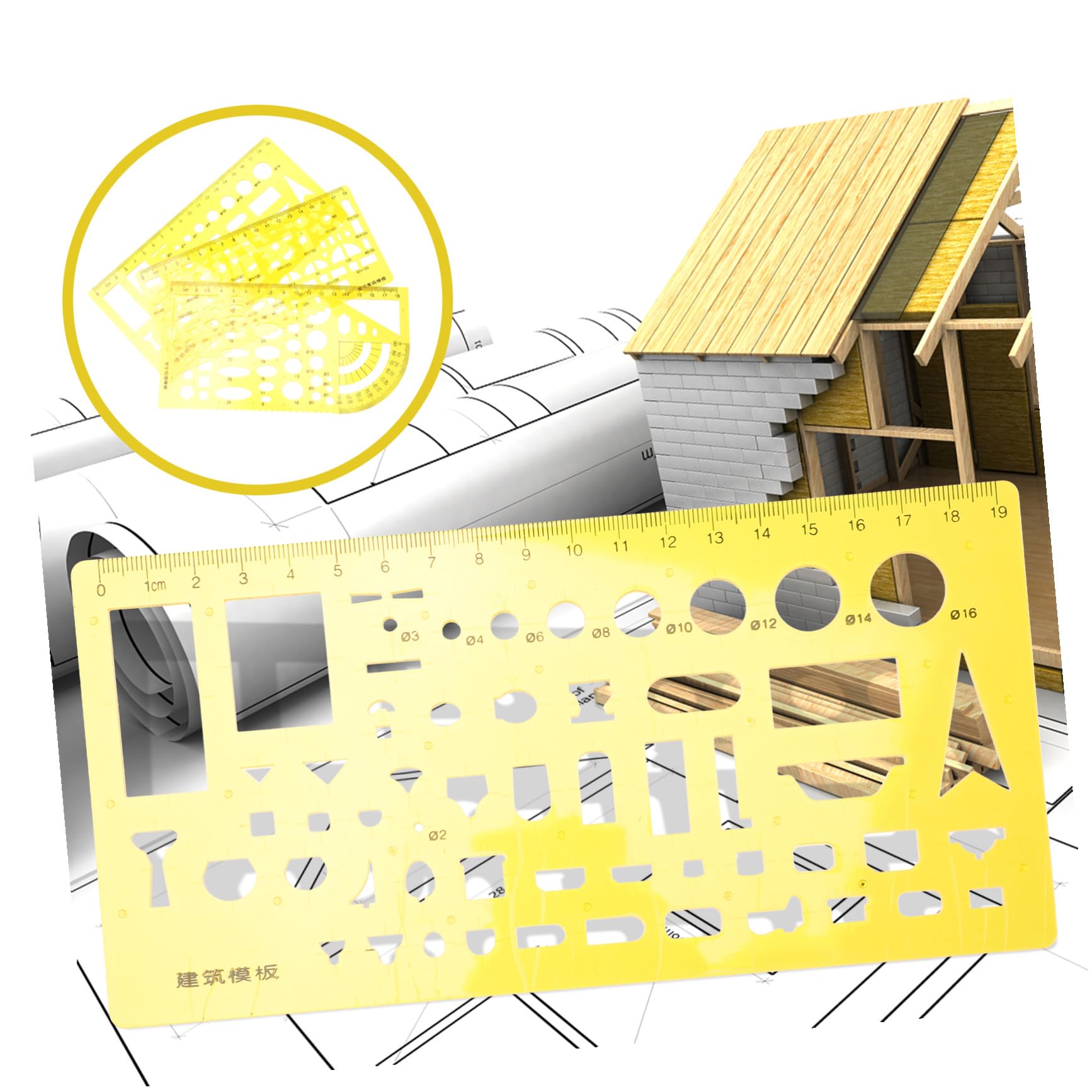 NUOBESTY 3 Juegos regla de la herramienta de medición escala regla para dibujar gobernantes maquinista Dibujo manualidades craft plantilla regla geométrica regla circular el plastico Yellow